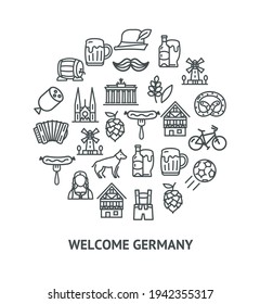 Welcome Germany Sign Round Design Template Black Thin Line Icon Banner on a White. Vector illustration