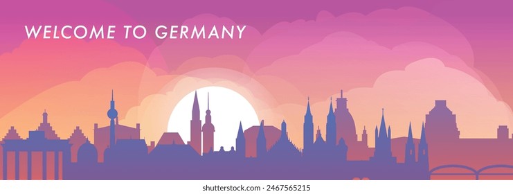 Welcome to Germany skyline with cities panorama, gradient vector banner. Colorful Berlin, Hamburg, Munich, Stuttgart, Frankfurt silhouette for footer, steamer, header, horizontal graphic