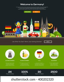 Welcome to Germany travel one page website template layout with flat design header, banner, icons and other web elements, famous German symbols