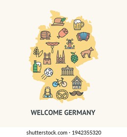 Bienvenido Alemania Viaje y Turismo Cartel Banner con Iconos de mapa y color. Ilustración del vector