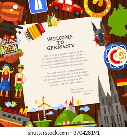 Welcome to Germany - vector flat design travel postcard template with icons and infographics elements of famous German symbols 