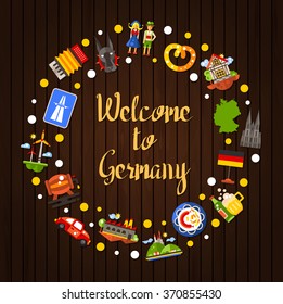 Welcome to Germany - vector flat design travel circle postcard template with icons and infographics elements of famous German symbols 