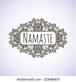 Welcome gesture Indian greeting banner in Namaste mudra on insulated background in vector. Hand drawn Boho or Mehndi Henna Tattoo style frame on a teal background with a place for your text.