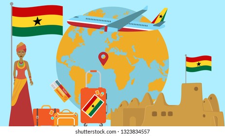 Welcome to Ghana postcard. Travel and safari concept of Africa world map vector illustration with national flag welcome background