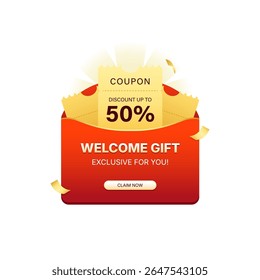 Welcome Gift Coupon Banner Design with Up to 50 Percent Discount Offer, Red Envelope Graphic with Golden Vouchers, Claim Now Button for New User Promotion Campaign