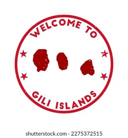 Welcome to Gili Islands stamp. Grunge island round stamp with texture in Super Rose Red color theme. Vintage style geometric Gili Islands seal. Neat vector illustration.