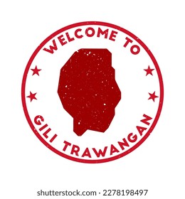 Welcome to Gili Trawangan stamp. Grunge island round stamp with texture in Super Rose Red color theme. Vintage style geometric Gili Trawangan seal. Powerful vector illustration.