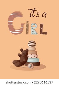 Welcome a girl invitation birthday card with wooden toys, illustration in pastel colors with yellow background. Vector illustration.
