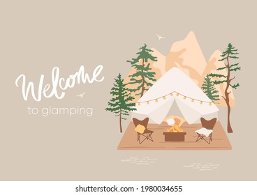 Welcome to glamping concept. Bell tent, chairs near camp fire with blanket and pillows on terrace. Outdoor recreation in mountains and forest. Cozy courtyard illustration card, banner. Suburban scene