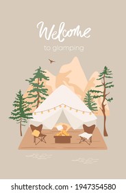 Welcome to glamping concept. Illustration with tent, chairs near camp fire with blanket and pillows on terrace. Outdoor recreation, in mountains and forest. Suburban scene. Cozy courtyard card, banner