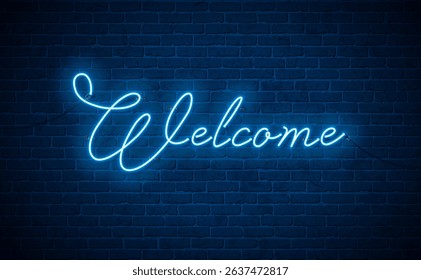 Welcome Glowing Neon Light Sign Lettering Design on Vintage Brick Wall Background. Vector Modern Neon Signboard Illustration Template with Typography Label for Banner, Greeting Card, Post Card, Flyer