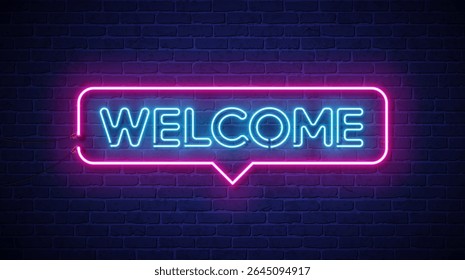 Welcome Glowing Neon Light Sign Lettering Design on Vintage Brick Wall Background. Vector Modern Neon Signboard Illustration Template with Typography Label for Banner, Greeting Card, Post Card, Flyer,