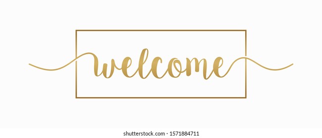 Welcome gold text lettering hand drawn calligraphy with gold square isolated on white background vector design