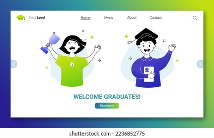 Welcome graduates landing page, horizontal web banner template. School education website interface with happy children celebrating achievements cartoon thin line vector illustration