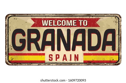 Welcome to Granada vintage rusty metal sign on a white background, vector illustration