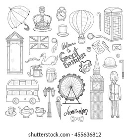 Welcome to Great Britain hand drawn icons including Big Ben, crown, teapot, bus and others. Doodle vector UK related collection