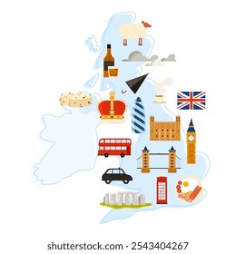 Bienvenido al Anuncio de infografía del Reino Unido y Londres. Diseño de carteles con Elementos de cultura, Lugares famosos y arquitectura de la ciudad, comida británica y ovejas en el mapa de las islas Ilustración vectorial de dibujos animados