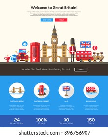 Welcome to Great Britain travel one page website template layout with flat design header, banner, icons and other elements, famous British symbols