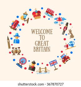 Welcome to Great Britain vector flat design circle postcard template with English travel, tourism icons and infographics elements