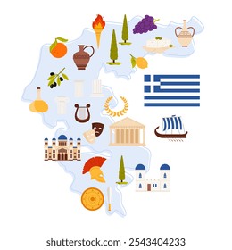 Welcome to Greece, banner design with culture and heritage elements, pin on country map. Ancient warrior armor and sword, temple ruins and buildings, food and cypress tree cartoon vector illustration