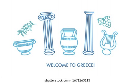 Welcome to Greece. Card design with famous Greek symbols. Hand drawn doodle elements isolated on white. Set of vector icons for tourism promotion.