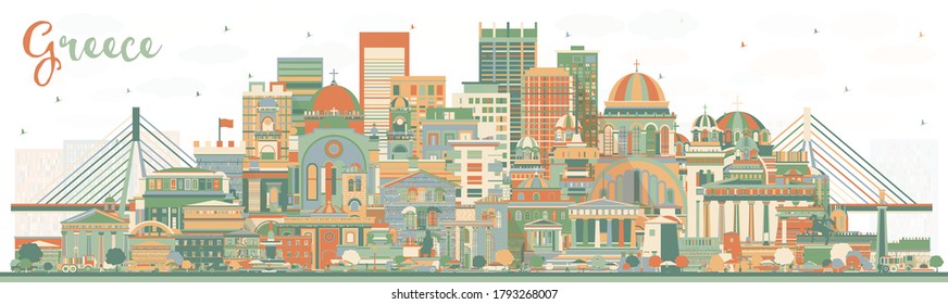 Welcome to Greece City Skyline with Color Buildings. Vector Illustration. Concept with Historic Architecture. Greece Cityscape with Landmarks. Athens. Thessaloniki. Patras. Heraklion.