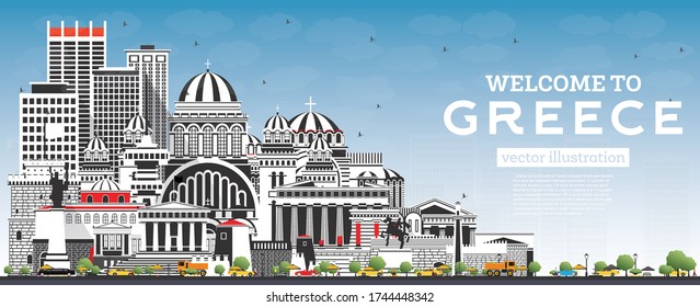 Welcome to Greece City Skyline with Gray Buildings and Blue Sky. Vector Illustration. Concept with Historic Architecture. Greece Cityscape with Landmarks. Athens. Thessaloniki. Patras. Heraklion.