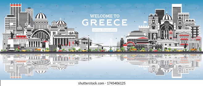 Welcome to Greece City Skyline with Gray Buildings, Blue Sky and Reflections. Vector Illustration. Historic Architecture. Greece Cityscape with Landmarks. Athens. Thessaloniki. Patras. Heraklion.