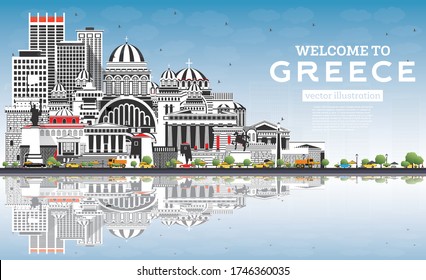 Welcome to Greece City Skyline with Gray Buildings, Blue Sky and Reflections. Vector Illustration. Historic Architecture. Greece Cityscape with Landmarks. Athens. Thessaloniki. Patras. Heraklion.