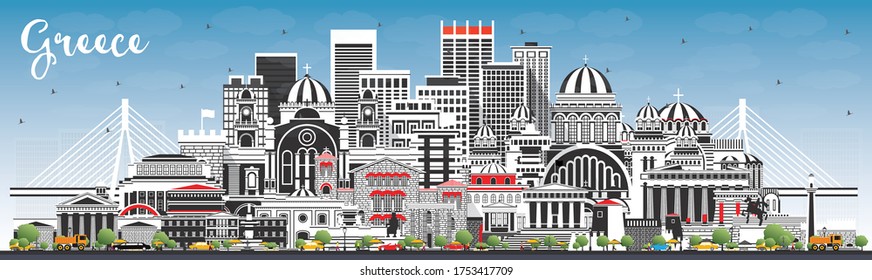 Welcome to Greece City Skyline with Gray Buildings and Blue Sky. Vector Illustration. Concept with Historic Architecture. Greece Cityscape with Landmarks. Athens. Thessaloniki. Patras. Heraklion.