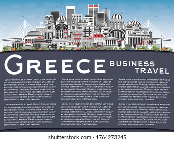 Welcome to Greece City Skyline with Gray Buildings, Blue Sky and Copy Space. Vector Illustration. Concept with Historic Architecture. Greece Cityscape with Landmarks. Athens. Thessaloniki. Patras.