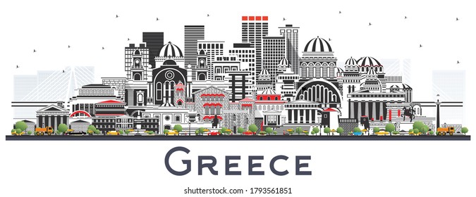 Welcome to Greece City Skyline with Gray Buildings Isolated on White. Vector Illustration. Concept with Historic Architecture. Greece Cityscape with Landmarks. Athens. Thessaloniki. Patras. Heraklion.