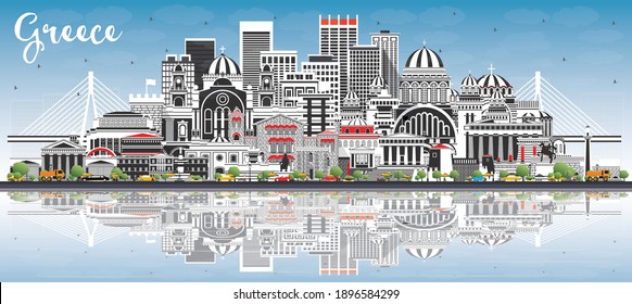 Welcome to Greece City Skyline with Gray Buildings, Blue Sky and Reflections. Vector Illustration. Historic Architecture. Greece Cityscape with Landmarks. Athens. Thessaloniki. Patras. Heraklion.