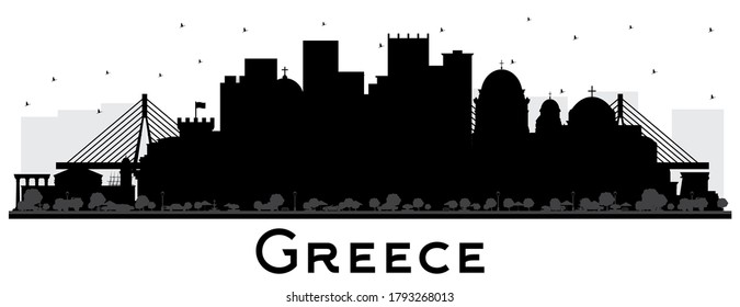 Welcome to Greece City Skyline Silhouette with Black Buildings Isolated on White. Vector Illustration. Historic Architecture. Greece Cityscape with Landmarks. Athens. Thessaloniki. Patras. Heraklion.