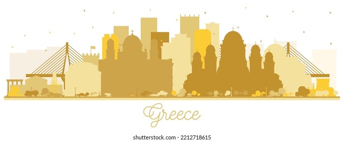 Bienvenidos a la silueta del Skyline de Grecia con edificios dorados aislados en blanco. Ilustración vectorial. Arquitectura Histórica. El paisaje urbano de Grecia con puntos de referencia. Atenas. Salónica. Patras. Heraklión.