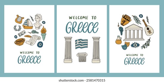 Welcome to greece greeting cards, posters, banners, wallpaper collection decorated with doodles and quotes. Greece Independence day theme, tourism and travel. EPS 10