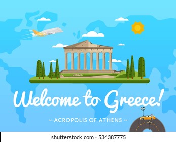 Welcome to Greece poster with famous attraction vector illustration. Travel design with Parthenon temple on Acropolis. Famous architectural landmark and worldwide traveling, tourist agency banner