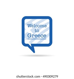 welcome to Greece in square speech bubble illustration in blue color
