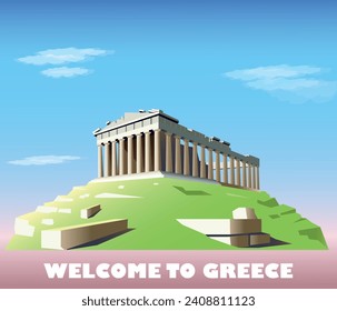 Welcome to Greece tourist poster. Acropolis in Athens (Parthenon). Vector art illustration