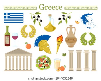 Welcome to greece travel collection. Set of Greece s symbols. Travel illustration with greek landmarks, people,traditional food, building.