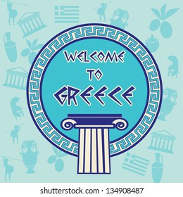 Welcome to Greece travel sticker on greek patern background, vector illustration