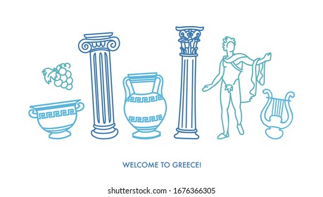 Welcome to Greece. Vector card design with famous Greek symbols. Doodle travel card design. Set of vector icons for tourism promotion.