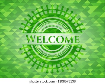 Welcome green emblem with mosaic background