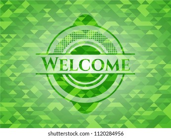 Welcome green emblem with mosaic background