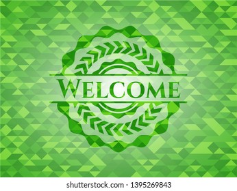 Welcome green emblem with mosaic ecological style background. Vector Illustration. Detailed.