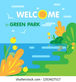 Welcome to Green park. Vector summer illustration. Nature