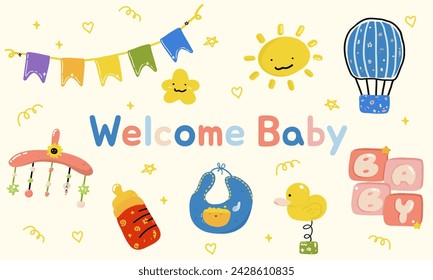 Welcome greeting card for childbirth with adorable baby accessories, welcome the little one into the family.