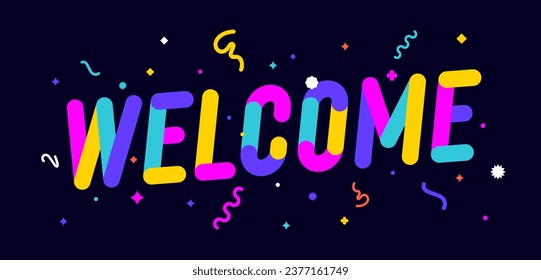 Bienvenido. Tarjeta de saludo Bienvenida, Hola, Hola, Banner, afiche y pegatina, estilo geométrico de vacaciones con texto Bienvenida, Hola, Hola, Hola. Cartas de bienvenida, tarjeta de invitación, banner web. Ilustración vectorial