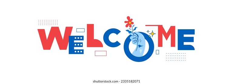 welcome greeting flat design template with modern minimalist concept of celebration, blue whale, hand holding flower, drink, bulb, feedback notification. suitable for website banners and posters