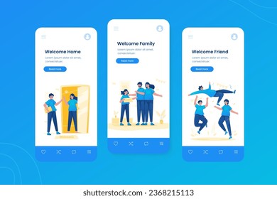 Welcome greeting front page illustration onboard mobile ui template